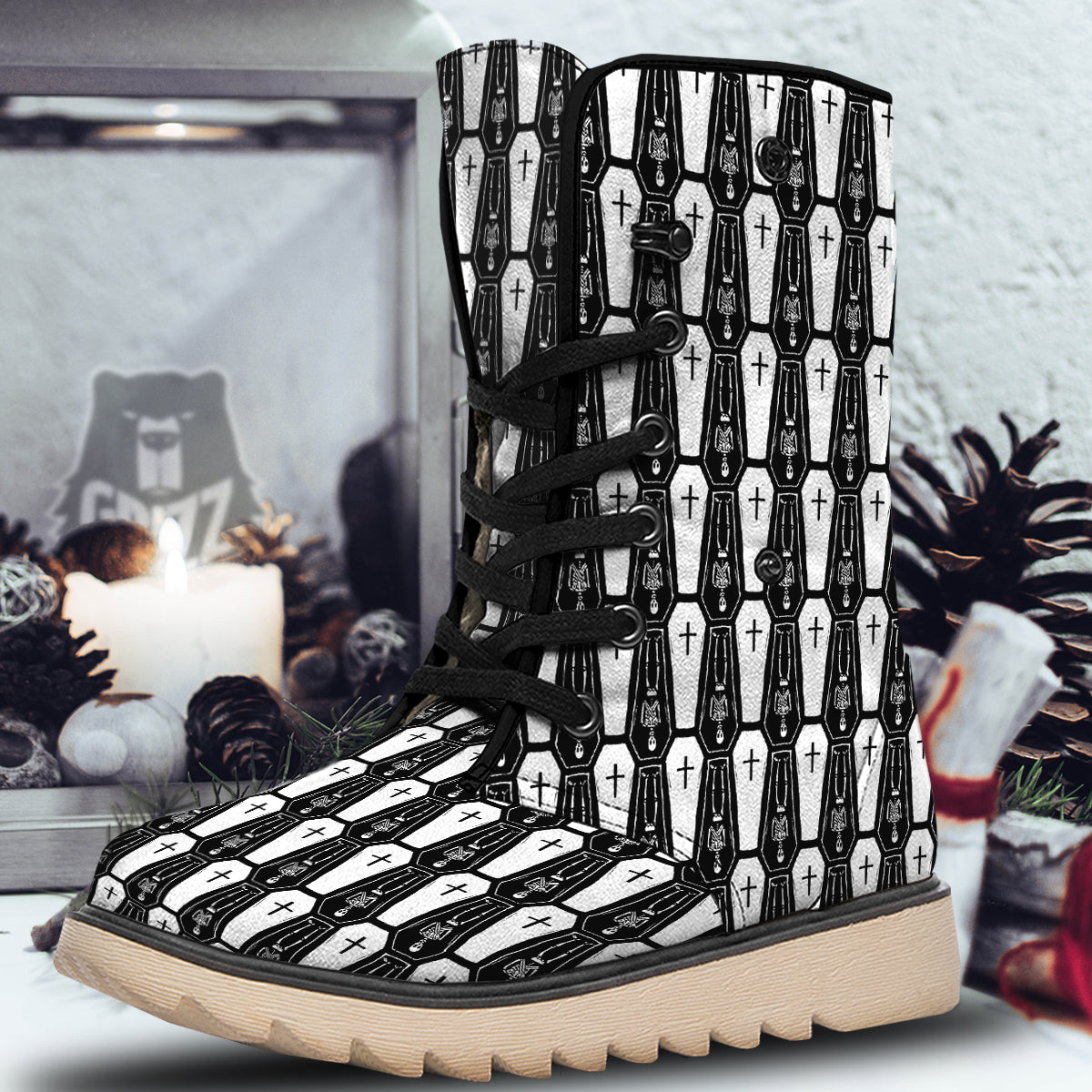 Coffin And Skeleton Print Pattern Snow Boots-grizzshop