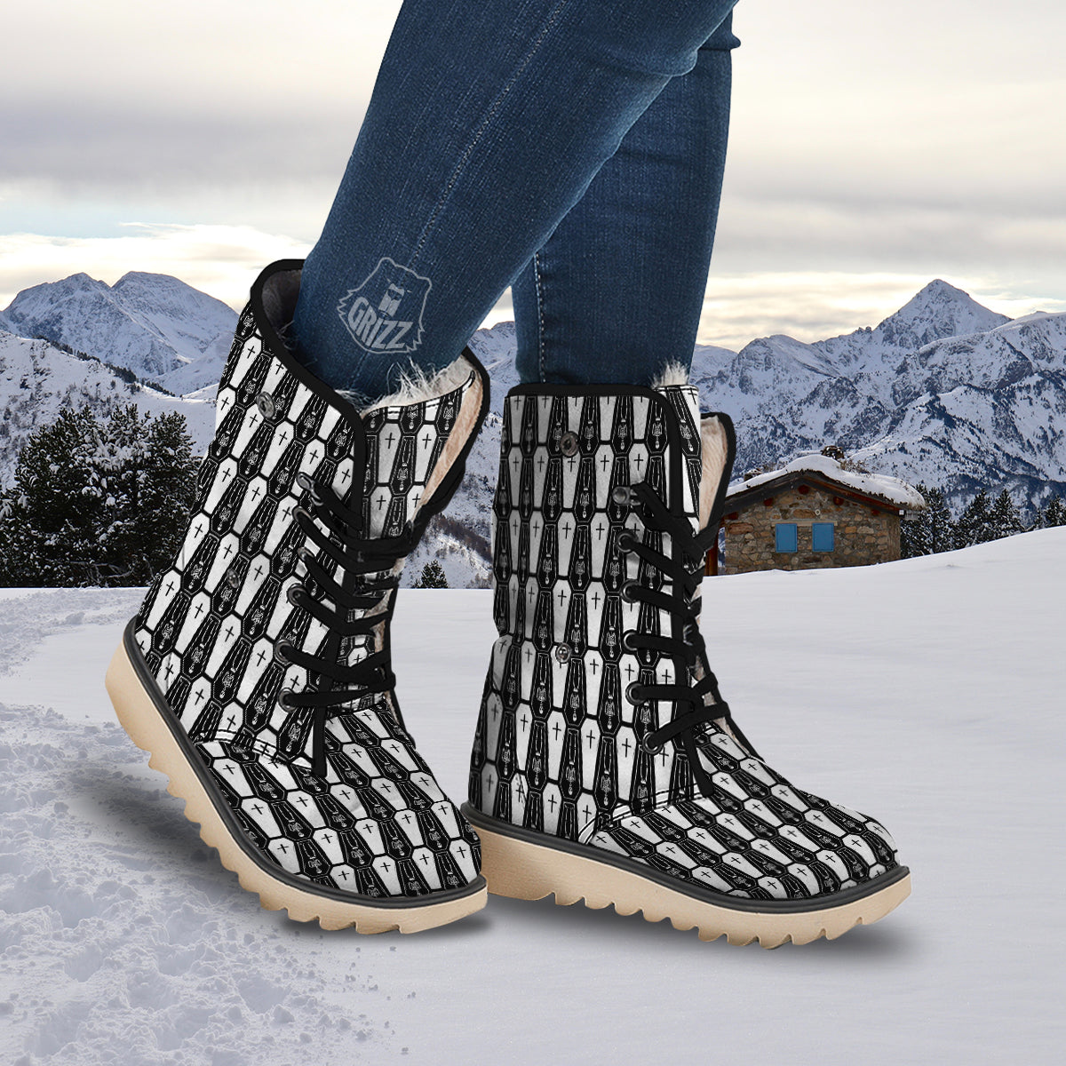 Coffin And Skeleton Print Pattern Snow Boots-grizzshop