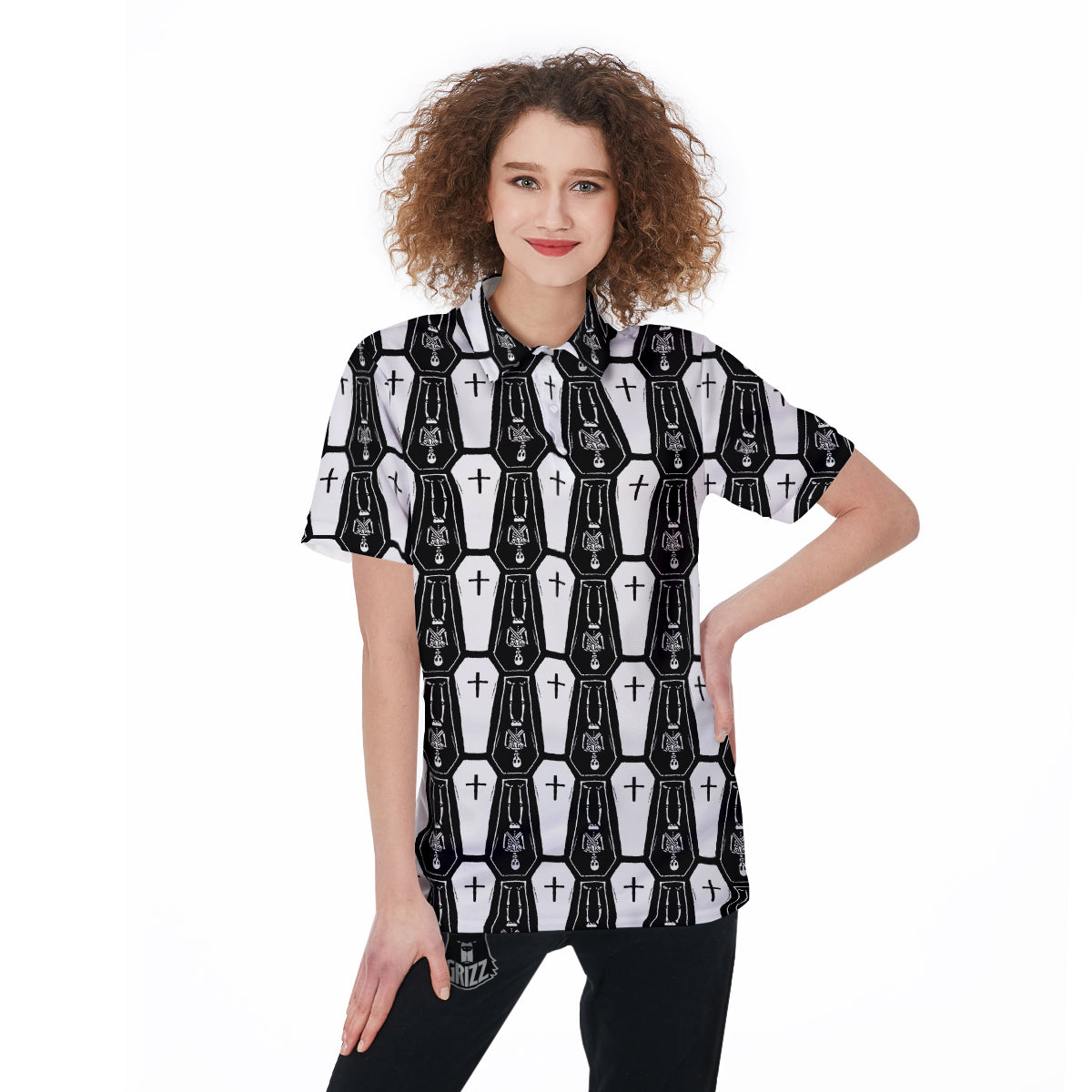 Coffin And Skeleton Print Pattern Women's Golf Shirts-grizzshop