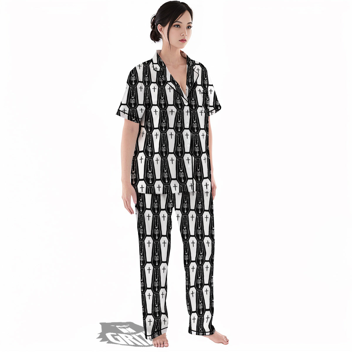 Coffin And Skeleton Print Pattern Women's Pajamas Set-grizzshop