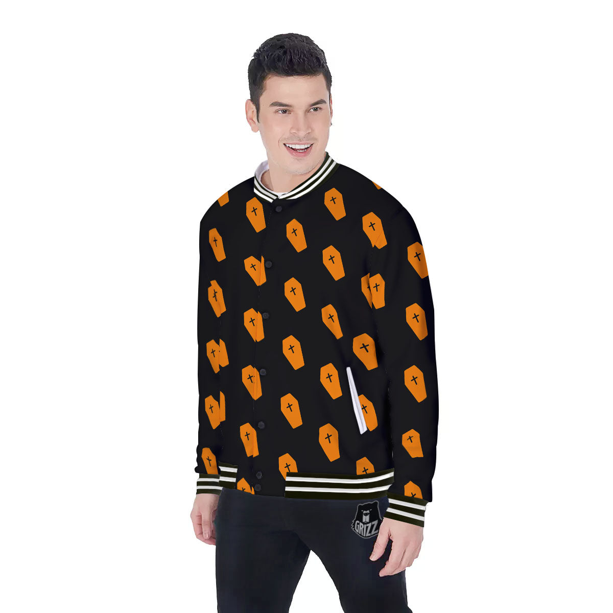 Coffin Orange Halloween Print Pattern Baseball Jacket-grizzshop