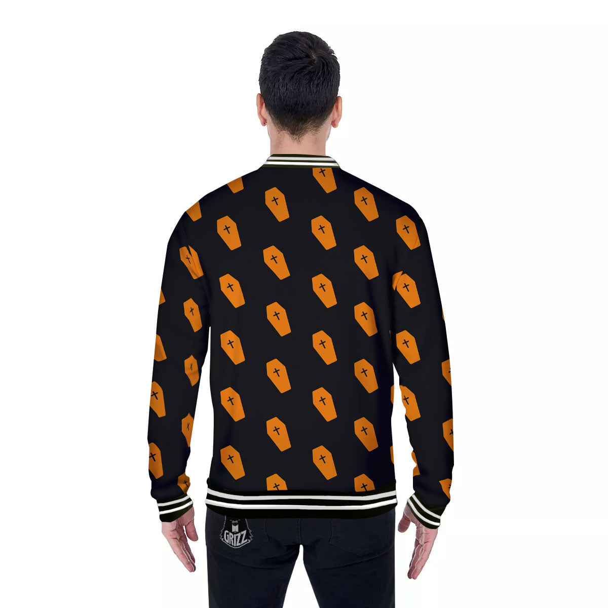 Coffin Orange Halloween Print Pattern Baseball Jacket-grizzshop