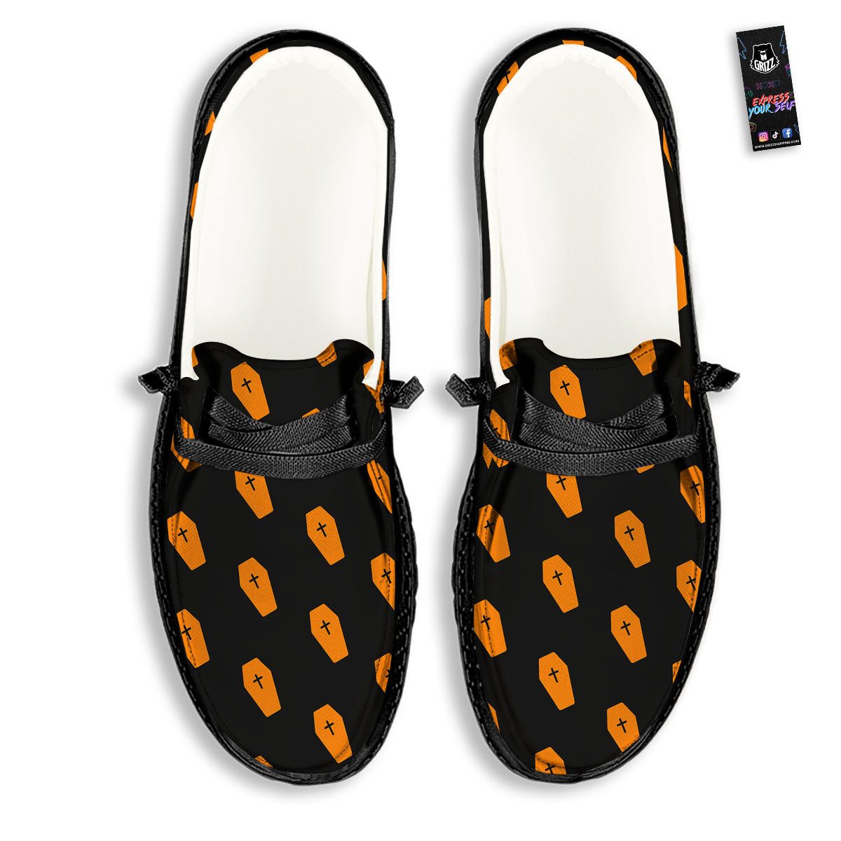 Coffin Orange Halloween Print Pattern Black Loafers-grizzshop