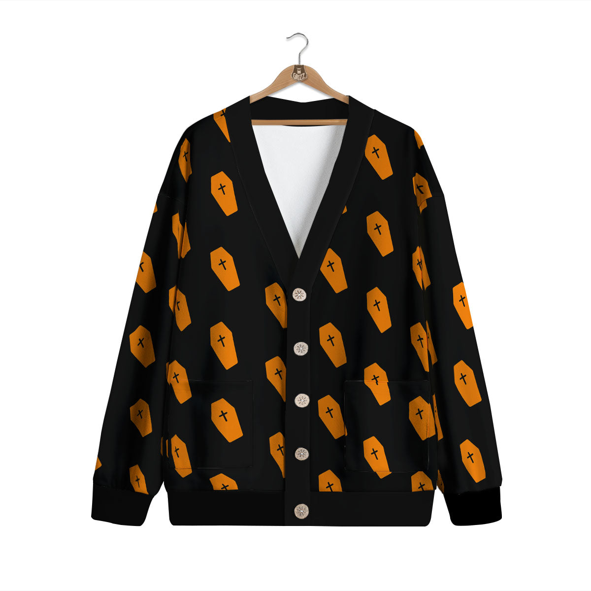 Coffin Orange Halloween Print Pattern Cardigan-grizzshop
