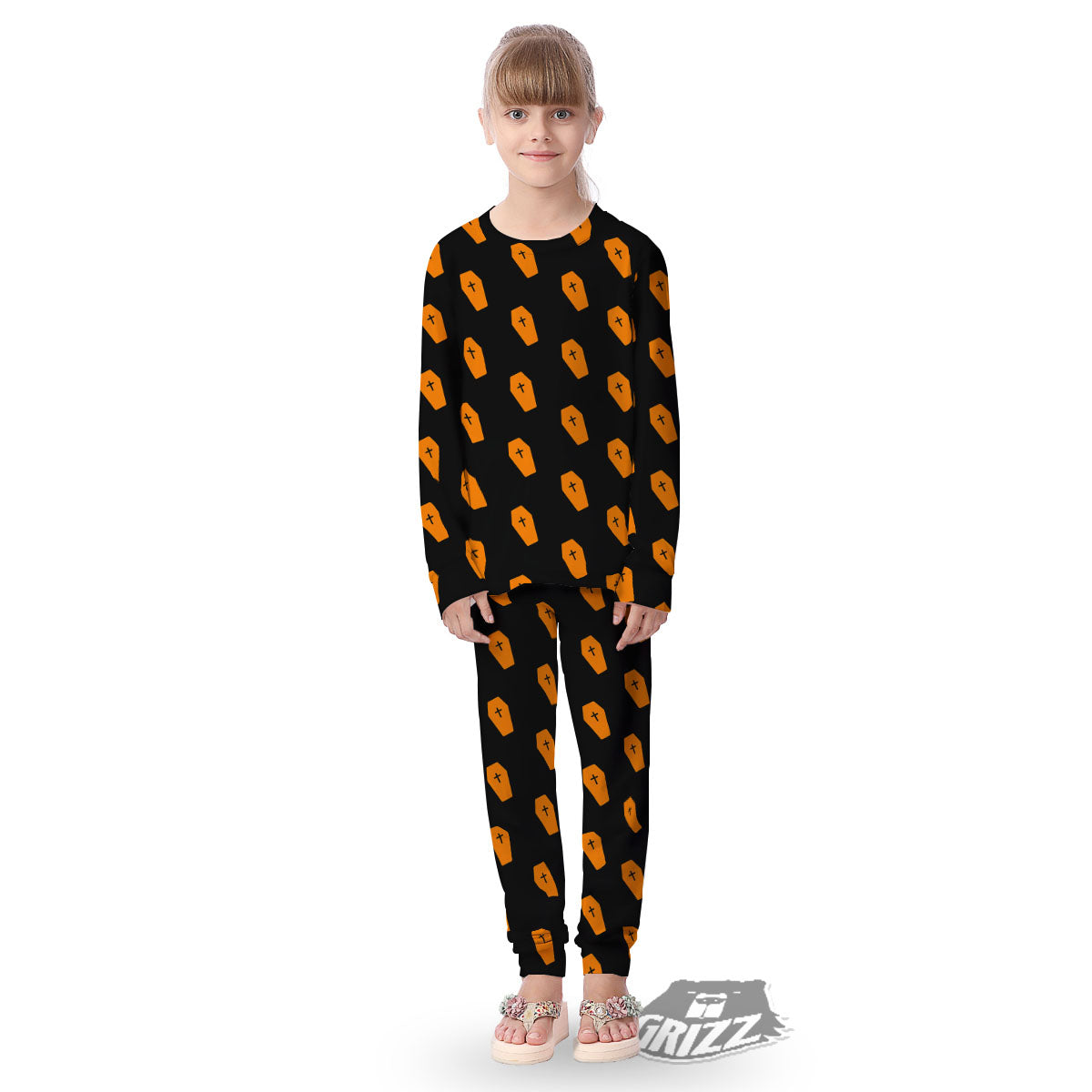 Coffin Orange Halloween Print Pattern Kid's Pajamas-grizzshop