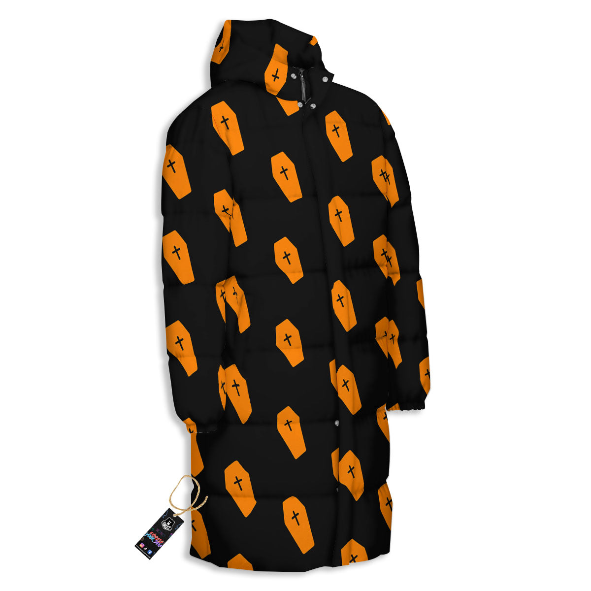 Coffin Orange Halloween Print Pattern Long Down Jacket-grizzshop