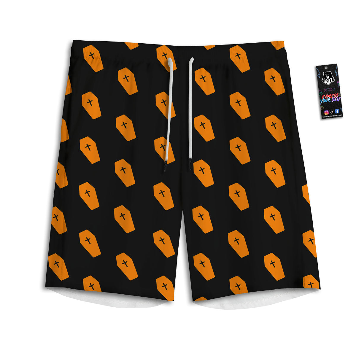 Coffin Orange Halloween Print Pattern Men's Athletic Shorts