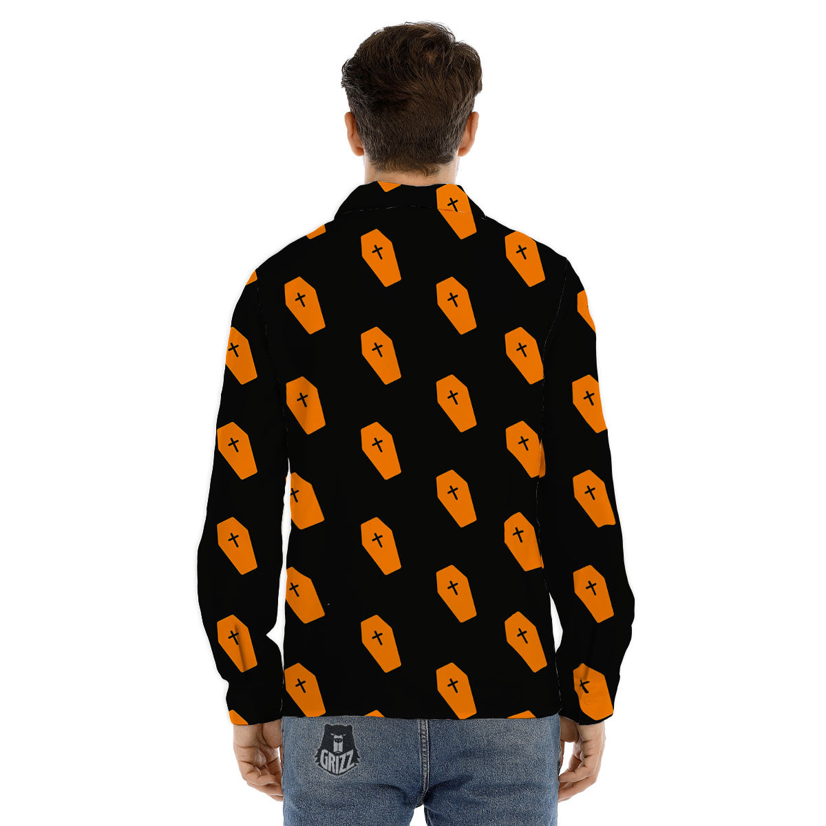 Coffin Orange Halloween Print Pattern Men's Dress Shirts-grizzshop