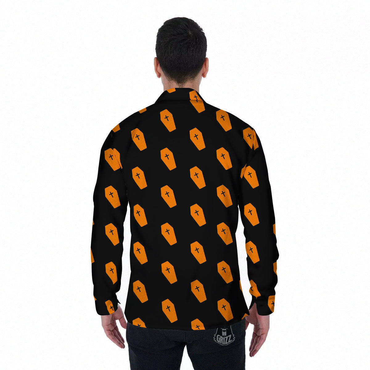 Coffin Orange Halloween Print Pattern Men's Long Sleeve Shirts-grizzshop