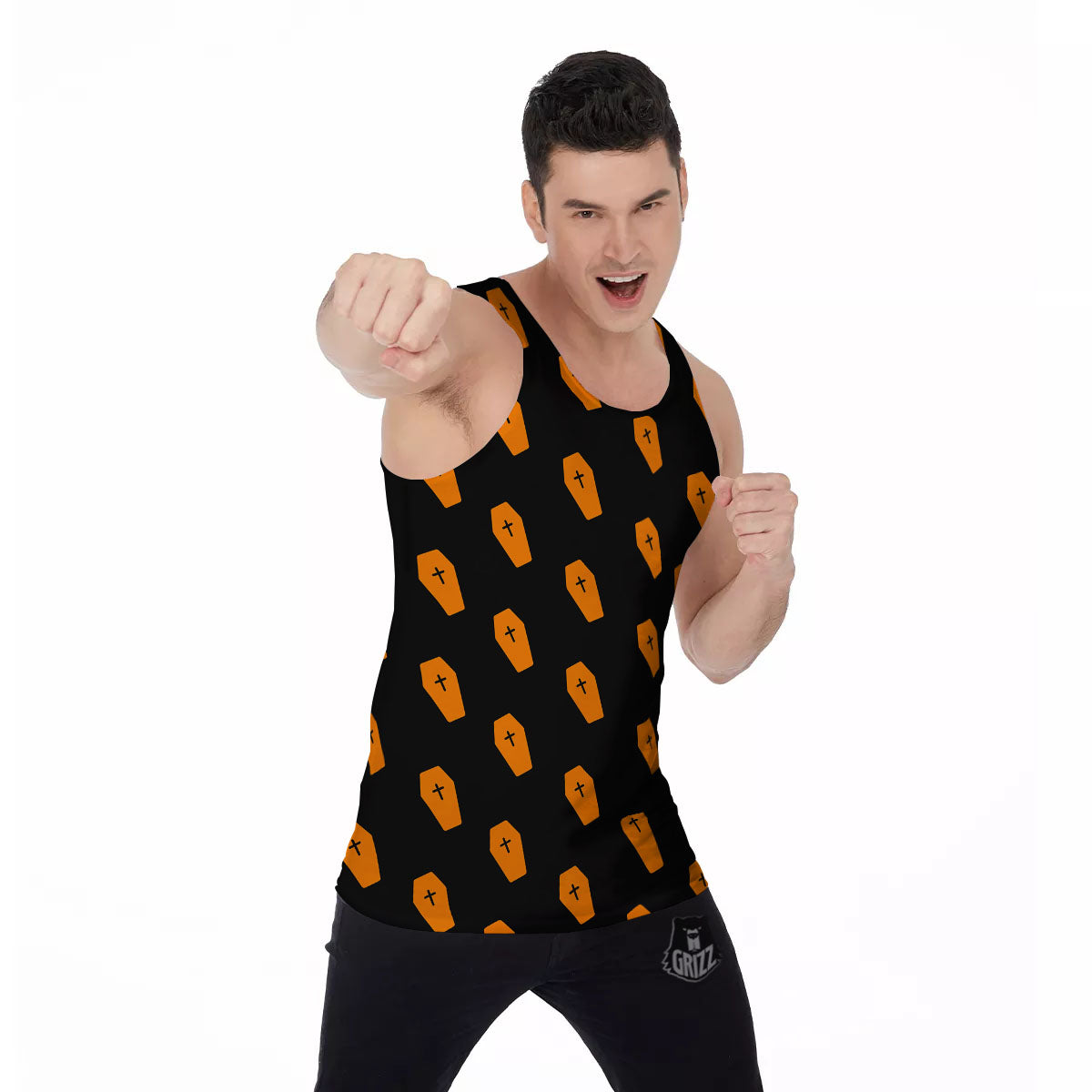 Coffin Orange Halloween Print Pattern Men's Tank Top-grizzshop