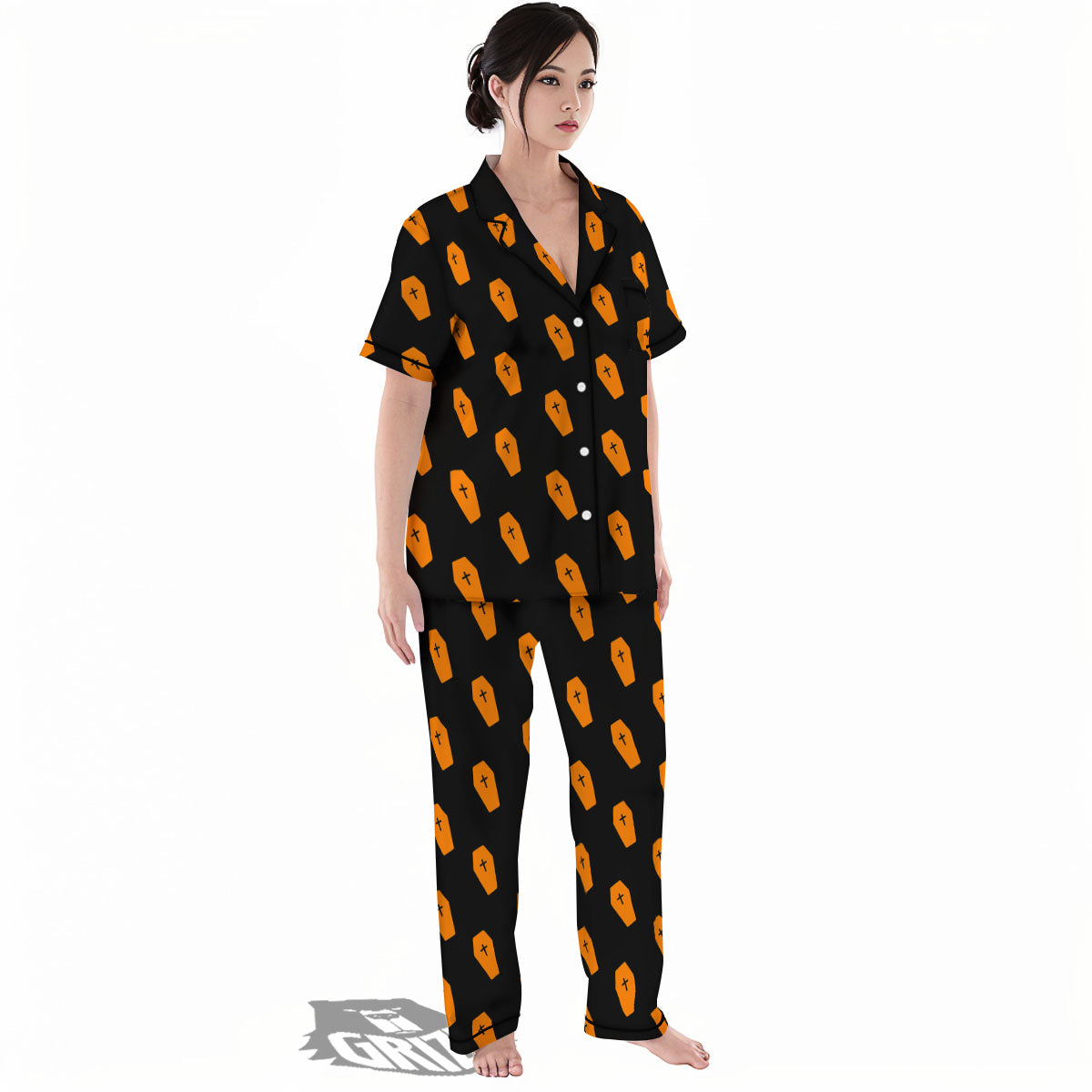 Coffin Orange Halloween Print Pattern Women's Pajamas Set-grizzshop