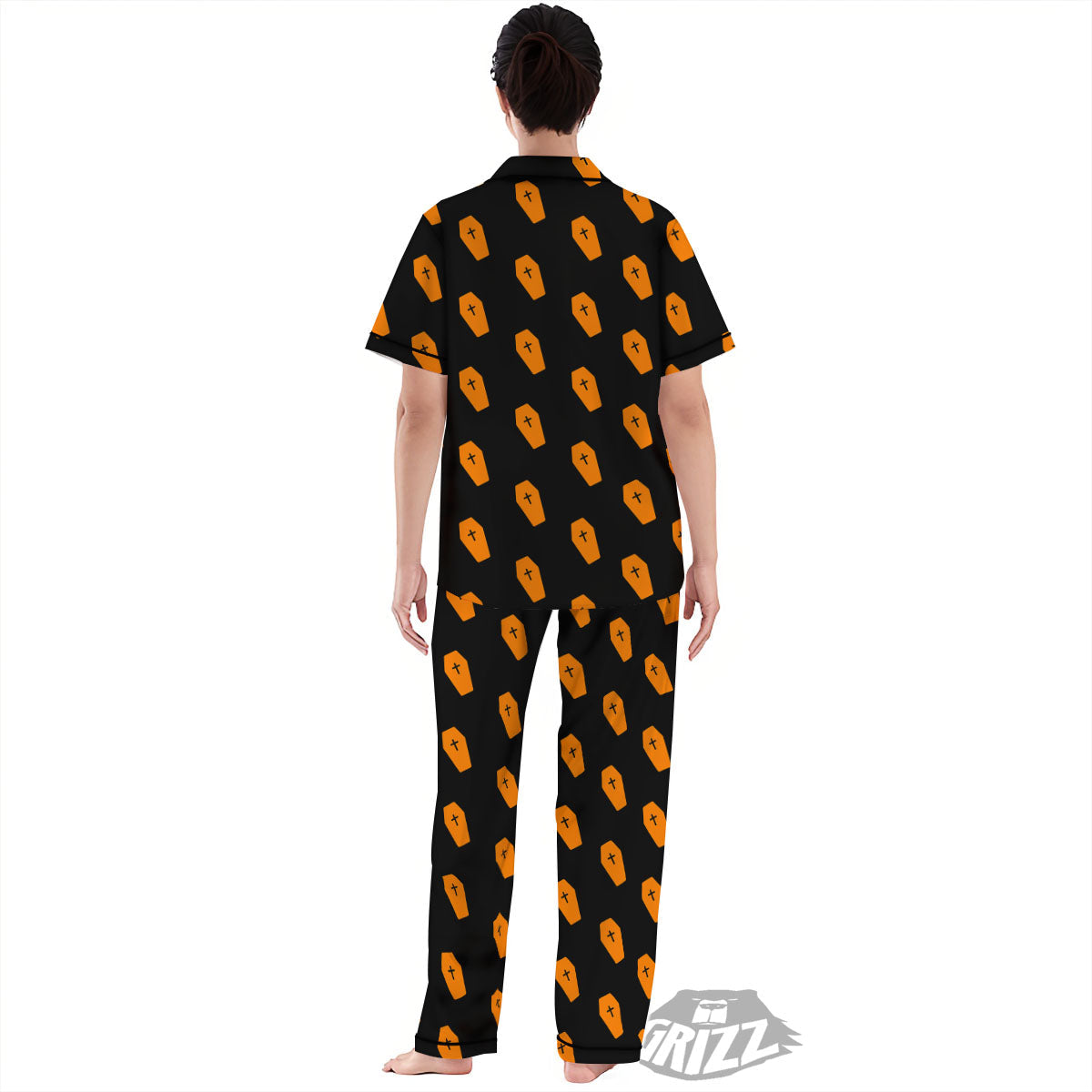 Coffin Orange Halloween Print Pattern Women's Pajamas Set-grizzshop