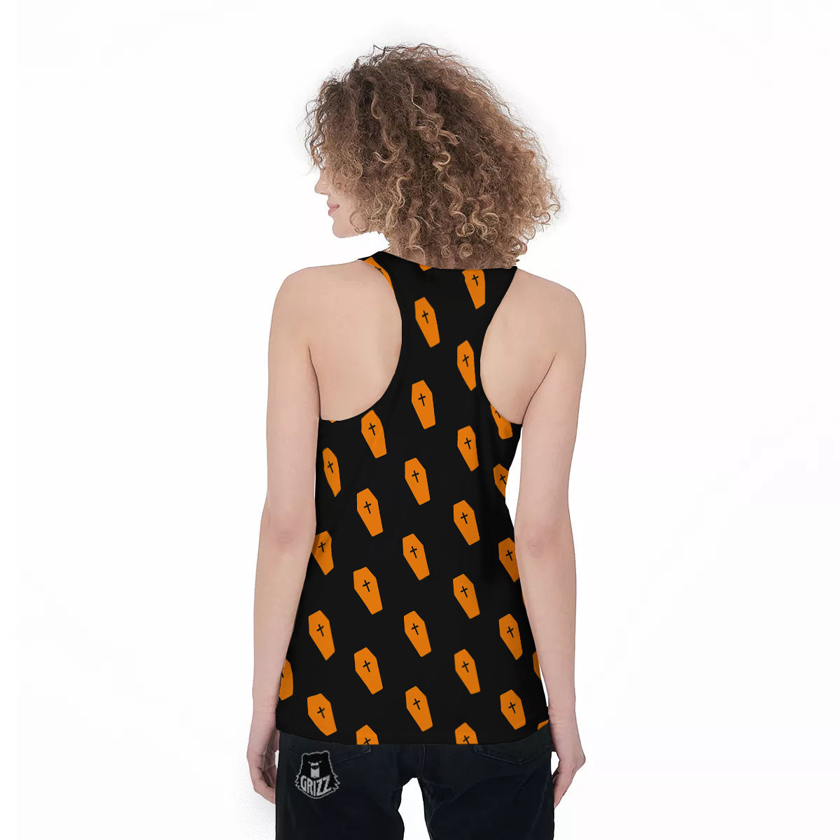 Coffin Orange Halloween Print Pattern Women's Racerback Tank Top-grizzshop