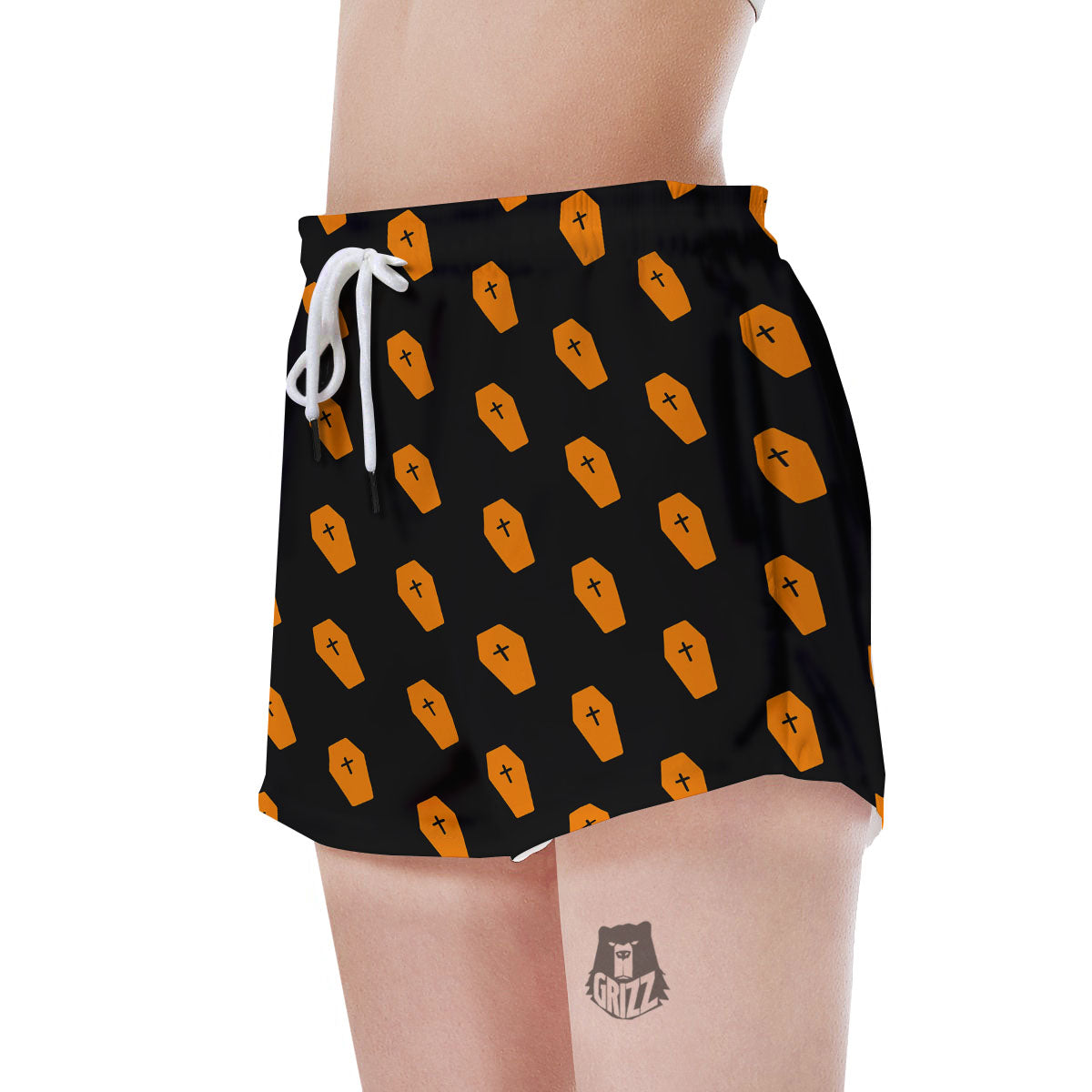Coffin Orange Halloween Print Pattern Women's Shorts-grizzshop