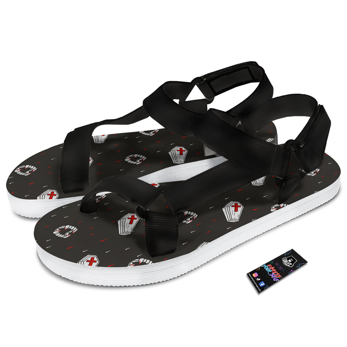 Coffin Vampire Print Pattern Black Open Toe Sandals-grizzshop