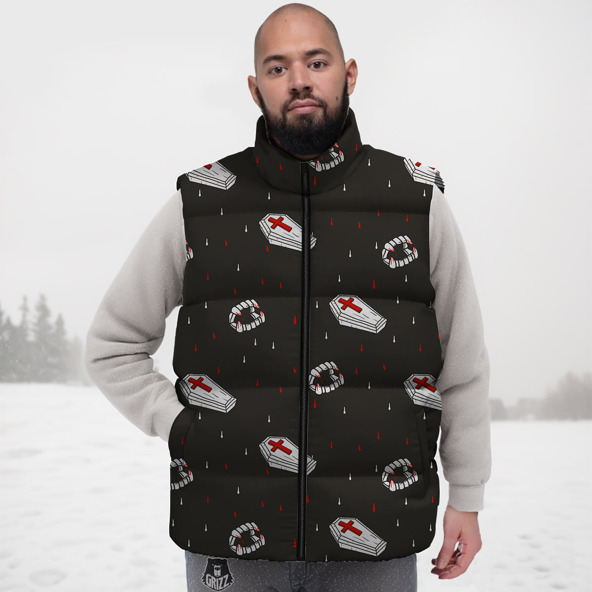 Coffin Vampire Print Pattern Down Vest-grizzshop