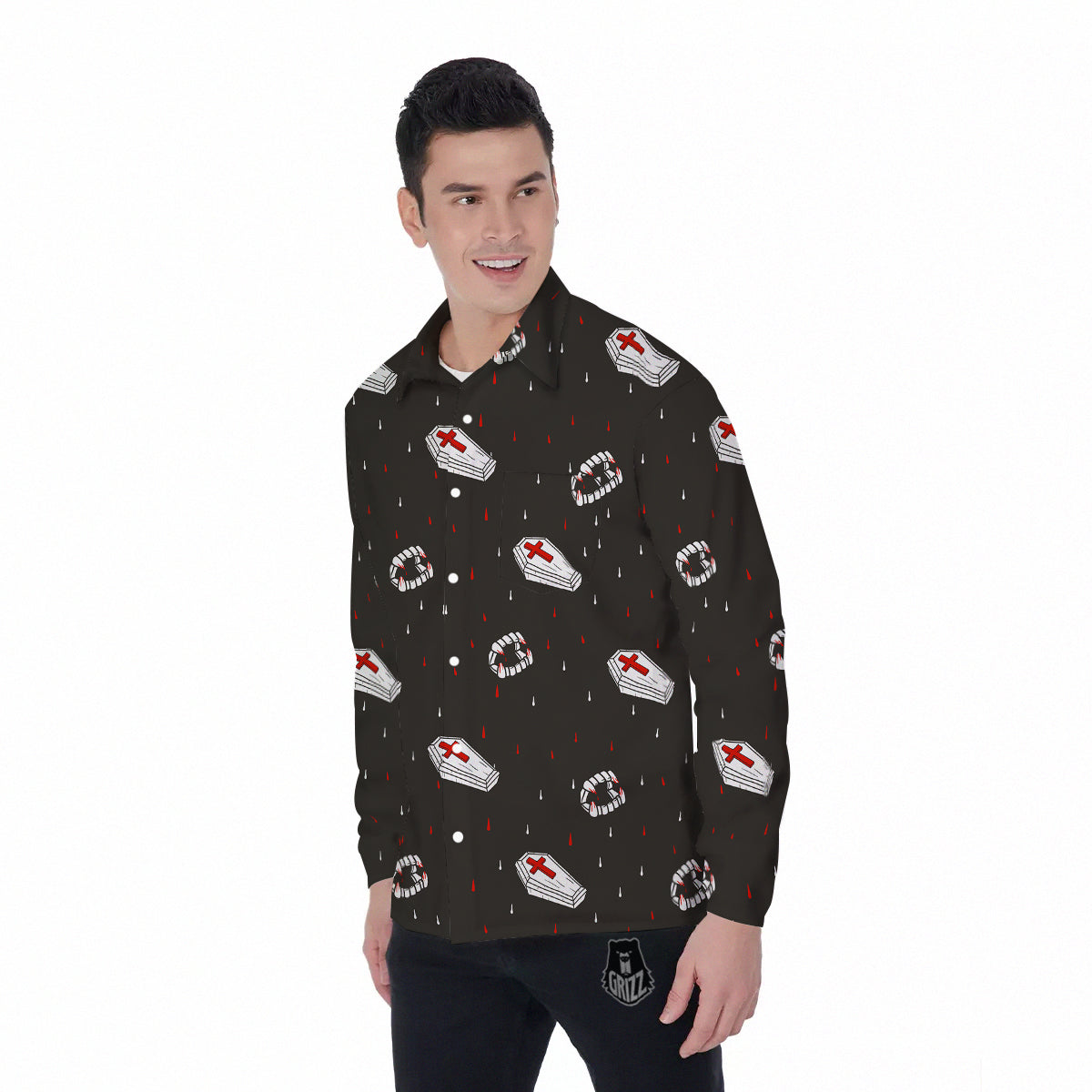 Coffin Vampire Print Pattern Men's Long Sleeve Shirts-grizzshop