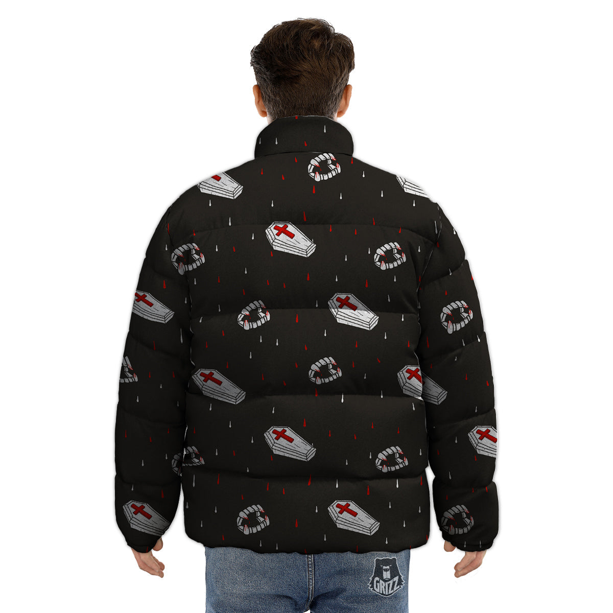Coffin Vampire Print Pattern Puffer Jacket-grizzshop
