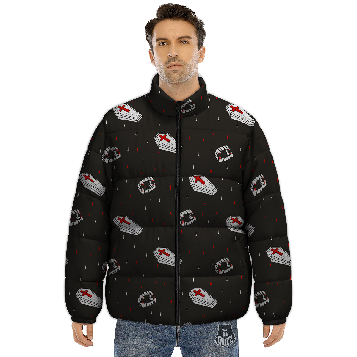 Coffin Vampire Print Pattern Puffer Jacket-grizzshop
