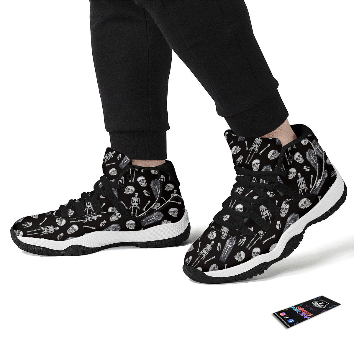 Coffin White And Black Print Pattern Black Bball Shoes-grizzshop