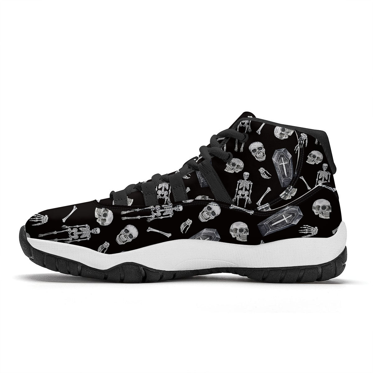 Coffin White And Black Print Pattern Black Bball Shoes-grizzshop