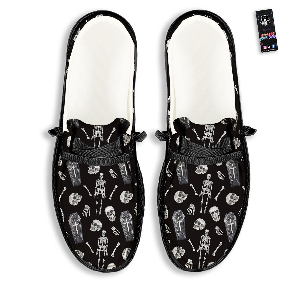 Coffin White And Black Print Pattern Black Loafers-grizzshop