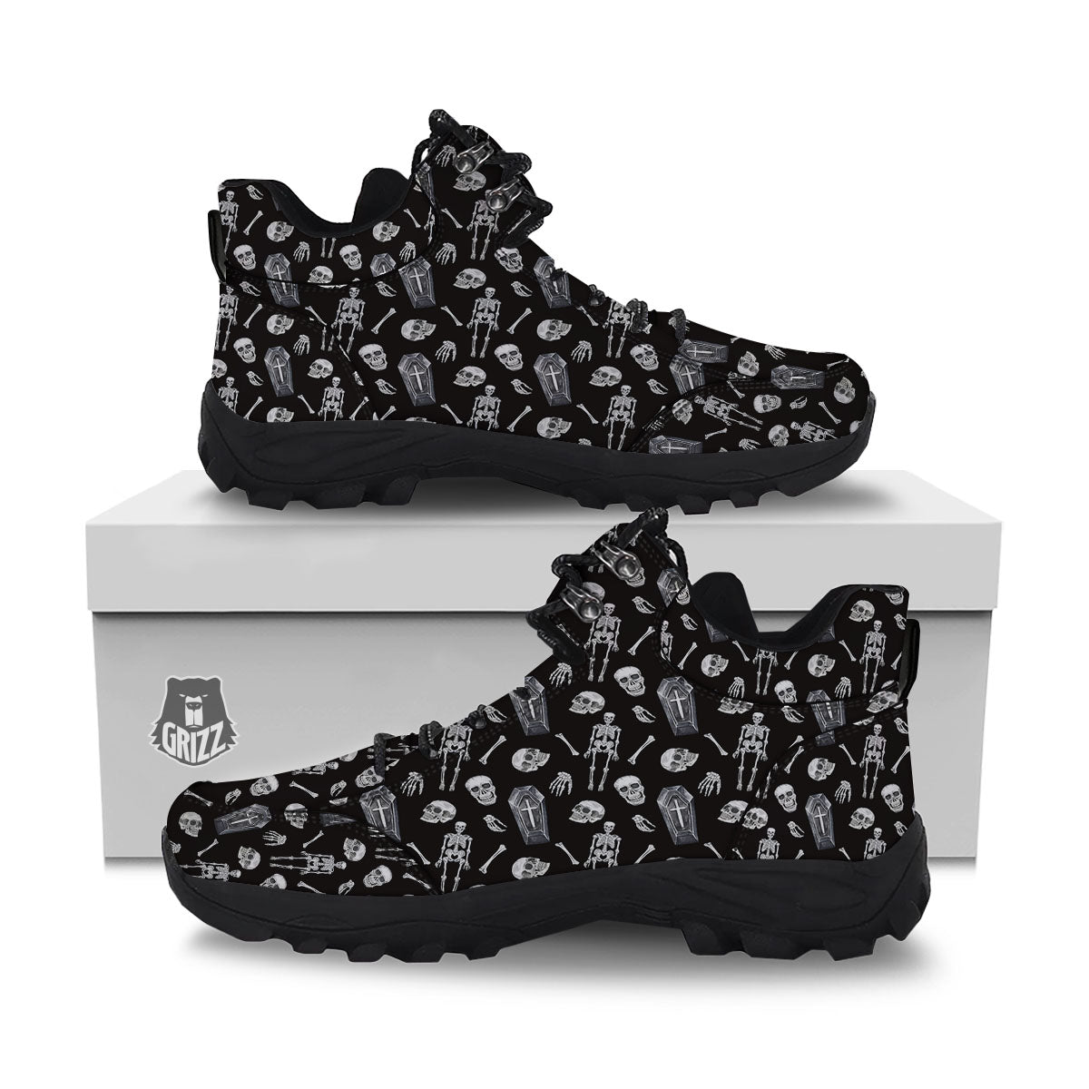 Coffin White And Black Print Pattern Hiking Shoes-grizzshop