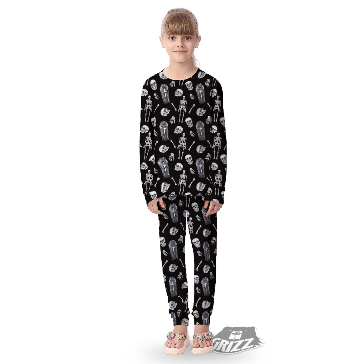 Coffin White And Black Print Pattern Kid's Pajamas-grizzshop