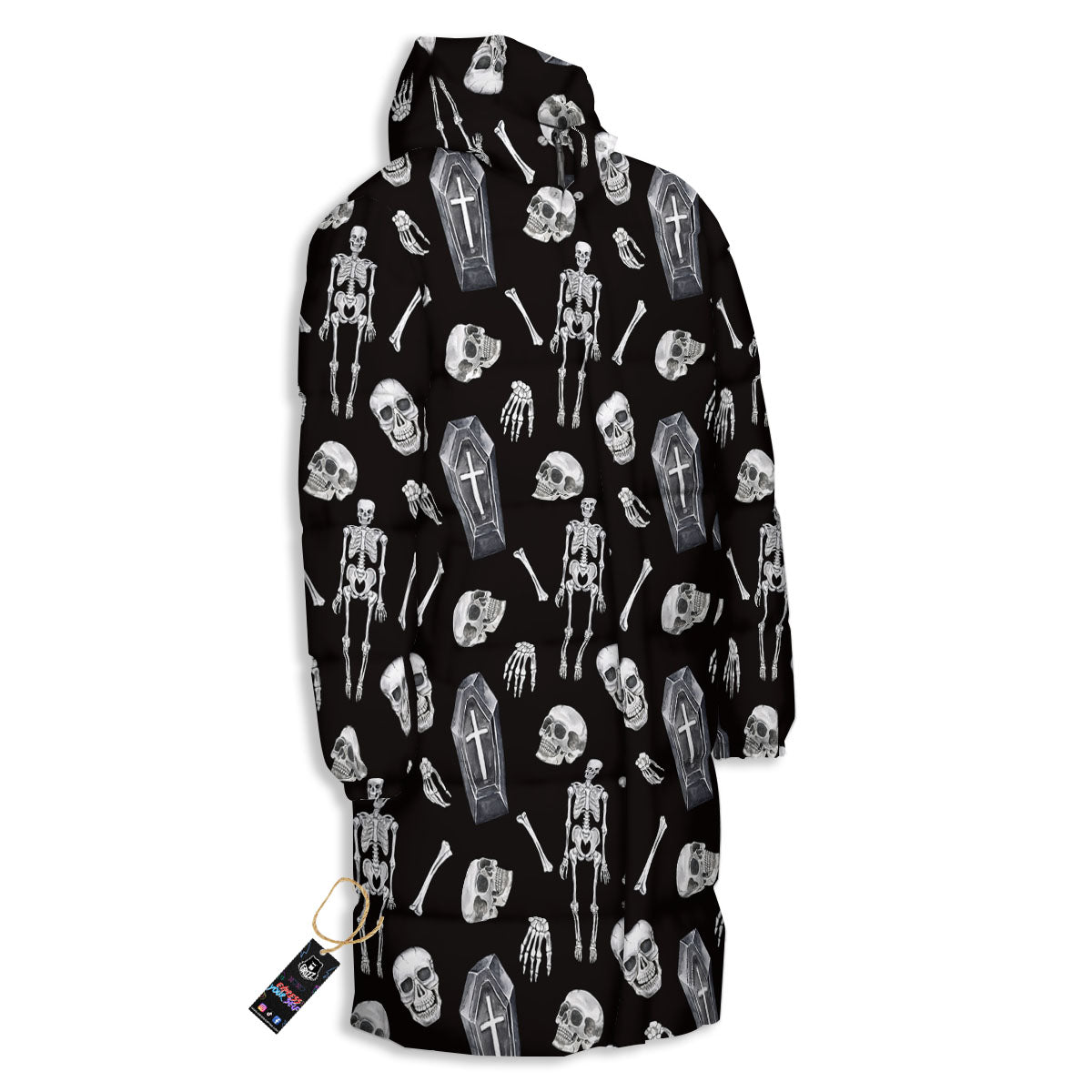 Coffin White And Black Print Pattern Long Down Jacket-grizzshop