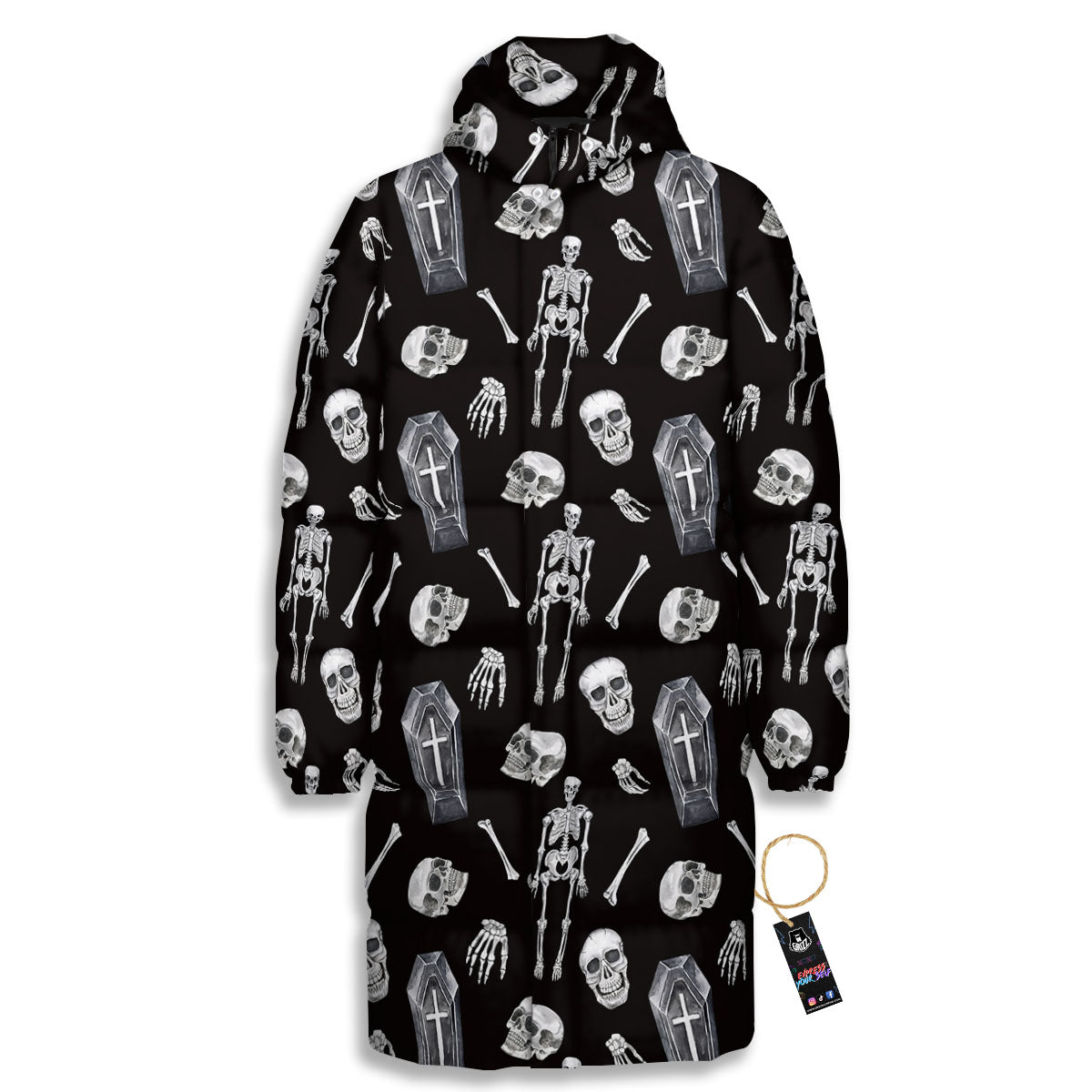 Coffin White And Black Print Pattern Long Down Jacket-grizzshop