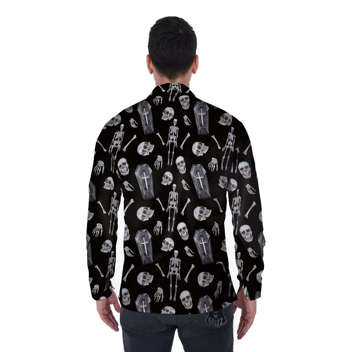 Coffin White And Black Print Pattern Men's Long Sleeve Shirts-grizzshop