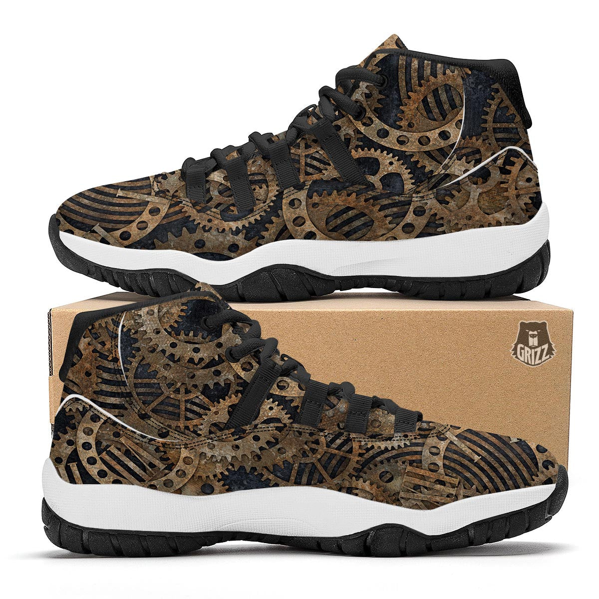 Cogs And Gears Steampunk Brass Print Black Bball Shoes-grizzshop