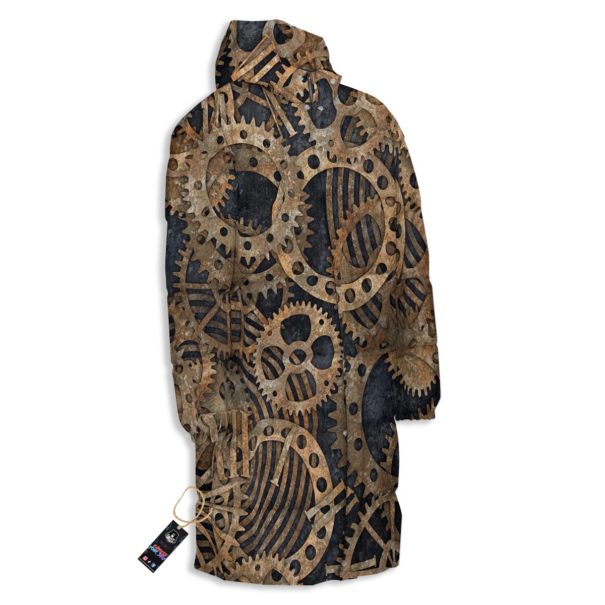 Cogs And Gears Steampunk Brass Print Long Down Jacket-grizzshop