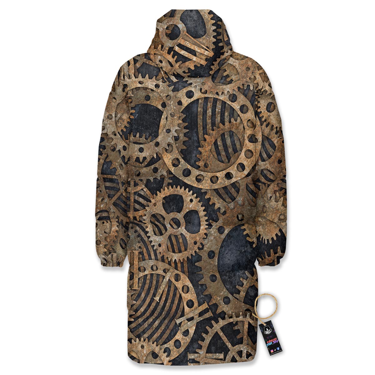 Cogs And Gears Steampunk Brass Print Long Down Jacket-grizzshop