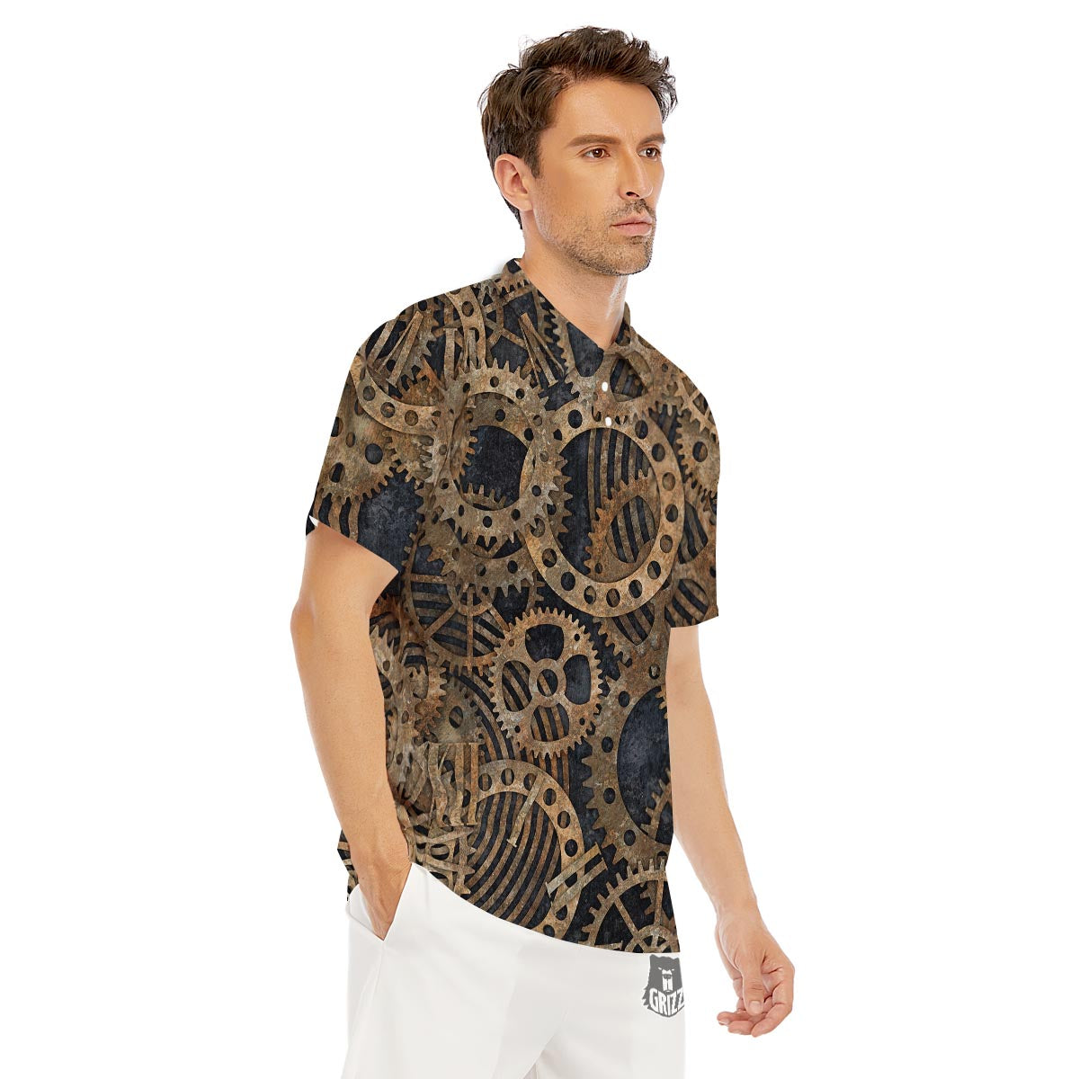 Cogs And Gears Steampunk Brass Print Men's Golf Shirts-grizzshop
