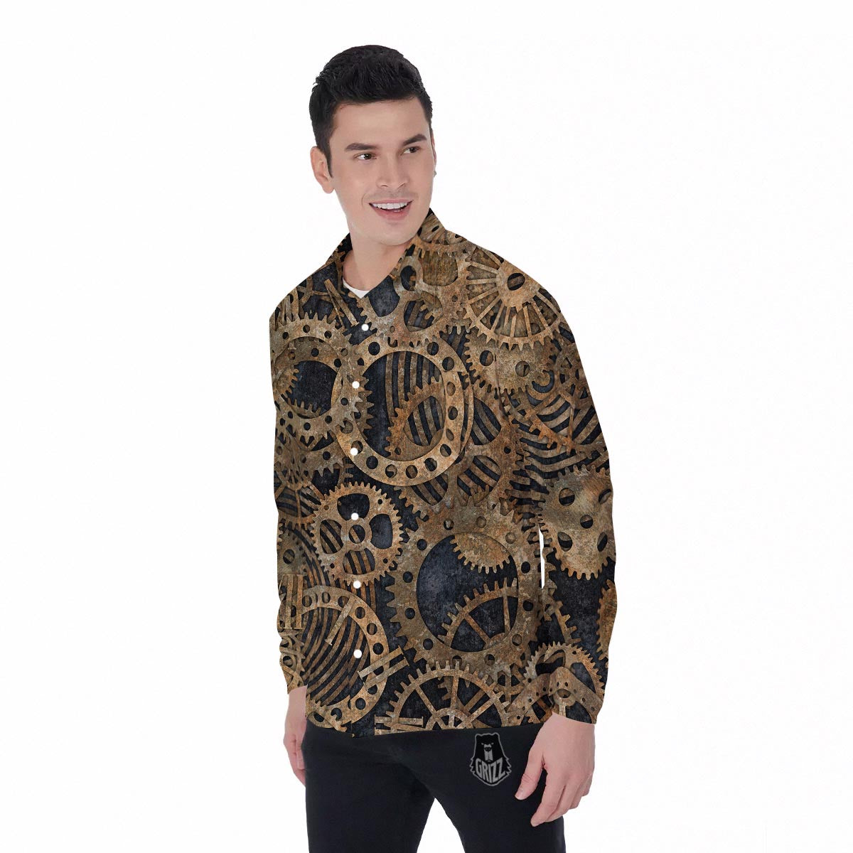 Cogs And Gears Steampunk Brass Print Men's Long Sleeve Shirts-grizzshop