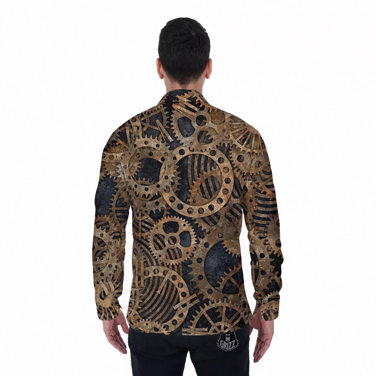 Cogs And Gears Steampunk Brass Print Men's Long Sleeve Shirts-grizzshop