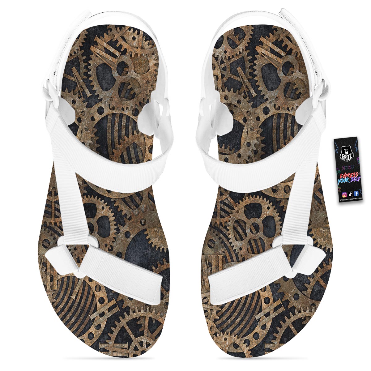 Cogs And Gears Steampunk Brass Print White Open Toe Sandals-grizzshop