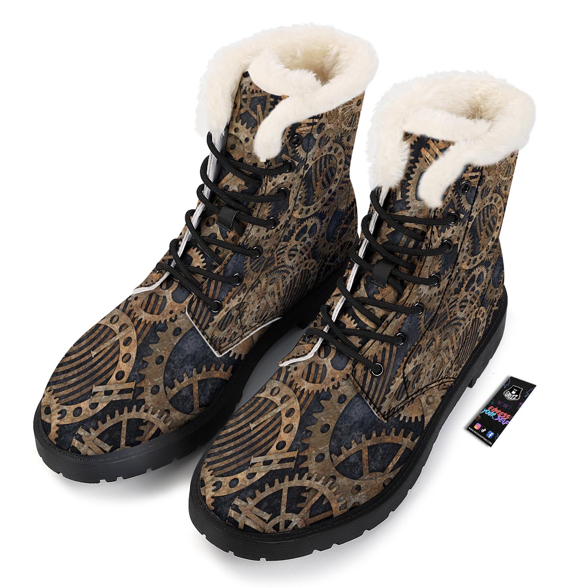 Cogs And Gears Steampunk Brass Print Winter Boots-grizzshop