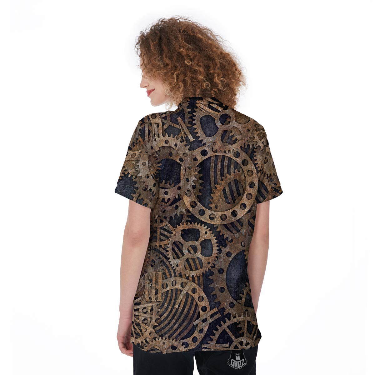 Cogs And Gears Steampunk Brass Print Women's Golf Shirts-grizzshop