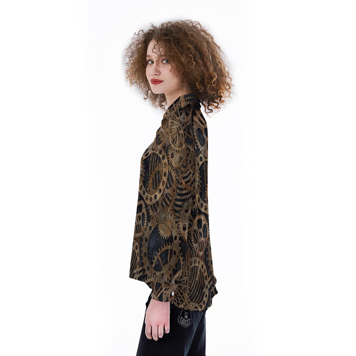 Cogs And Gears Steampunk Brass Print Women's Long Sleeve Shirts-grizzshop