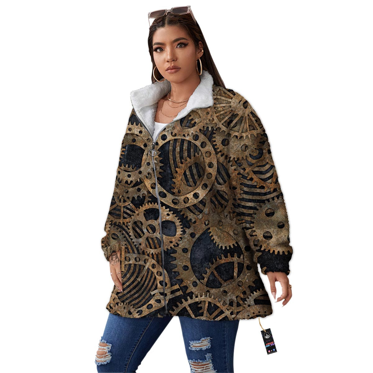 Cogs And Gears Steampunk Brass Print Women's Sherpa Jacket-grizzshop