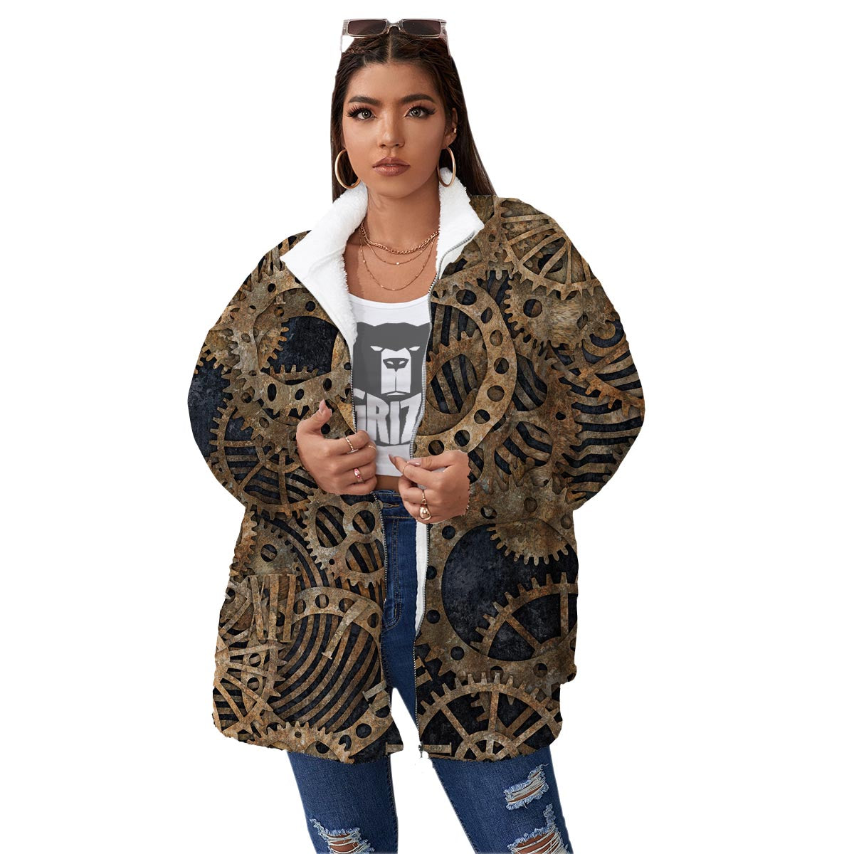Cogs And Gears Steampunk Brass Print Women's Sherpa Jacket-grizzshop