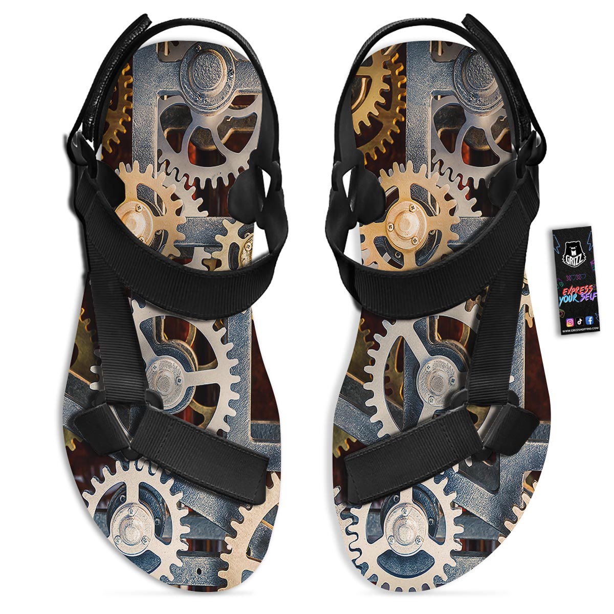 Cogs And Steampunk Gears Print Black Open Toe Sandals-grizzshop