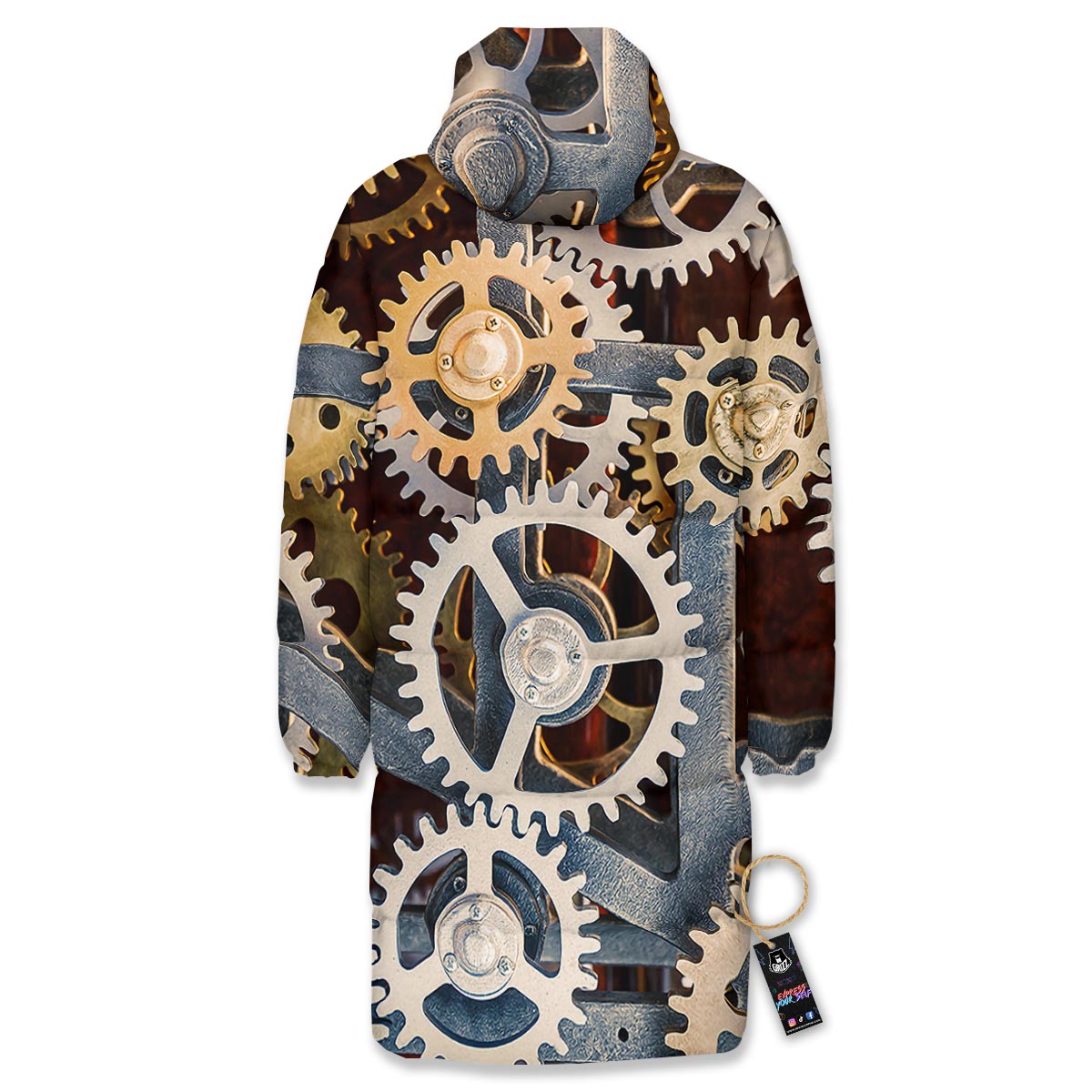 Cogs And Steampunk Gears Print Long Down Jacket-grizzshop