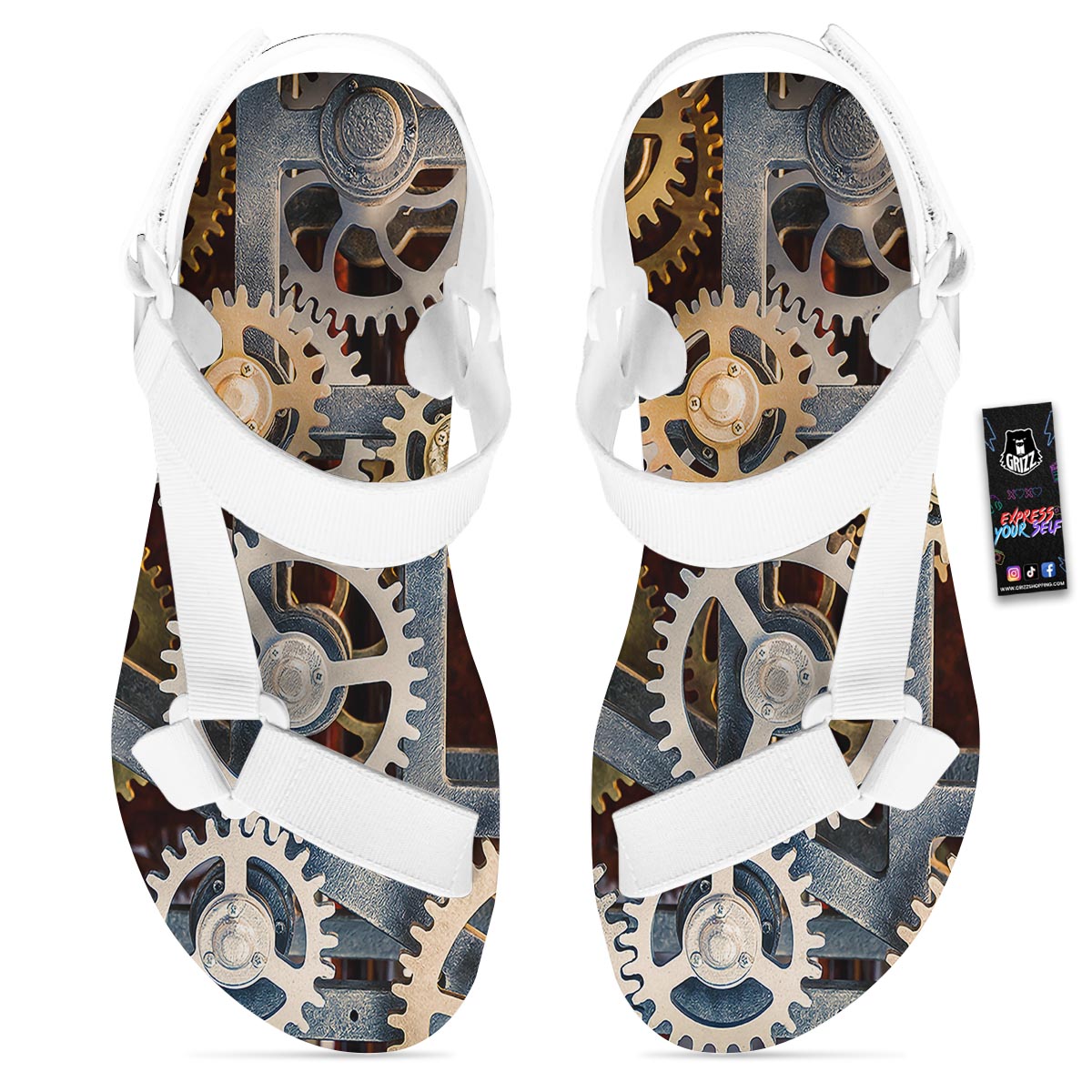Cogs And Steampunk Gears Print White Open Toe Sandals-grizzshop