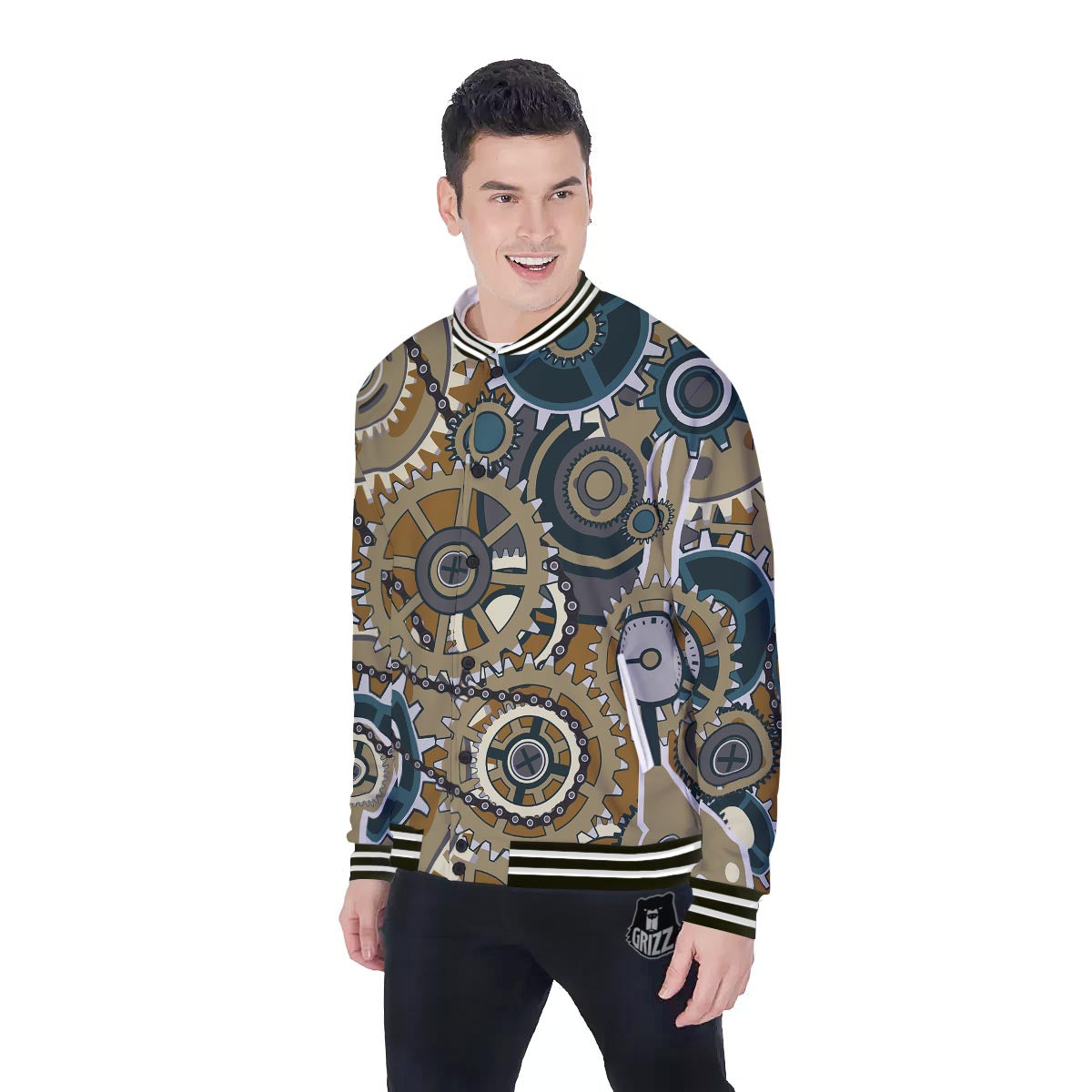 Cogwheels Steampunk Print Baseball Jacket-grizzshop