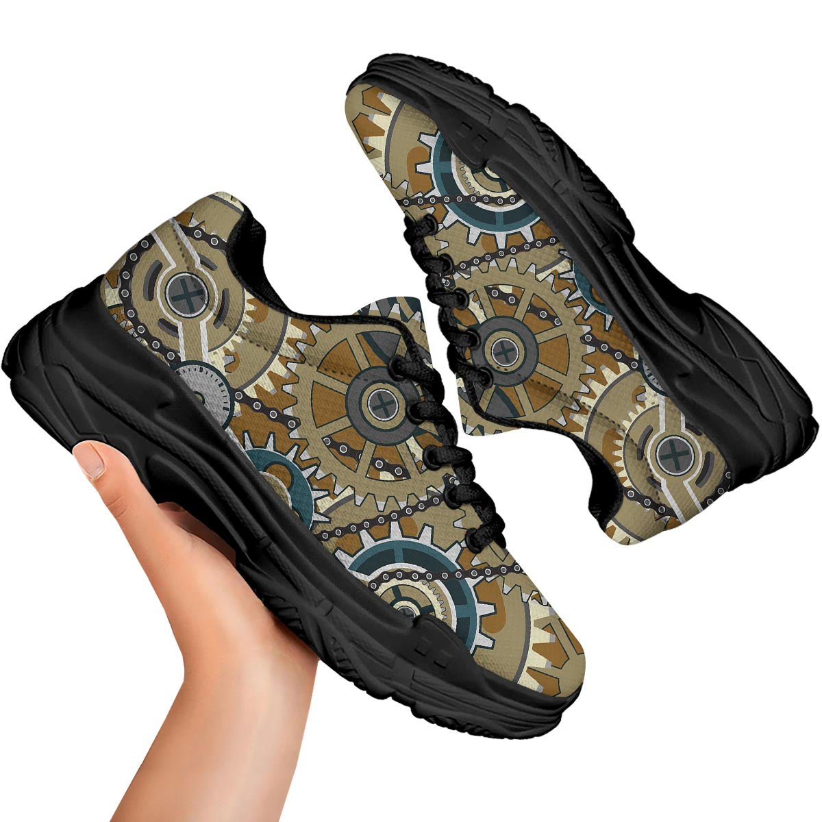 Cogwheels Steampunk Print Black Chunky Shoes-grizzshop