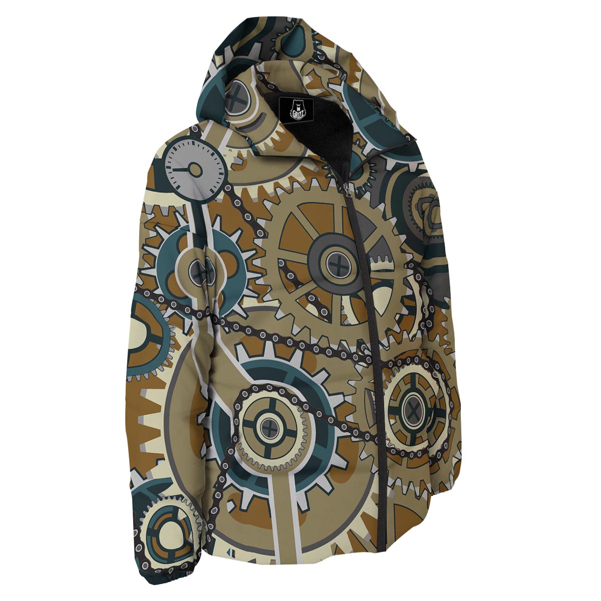 Cogwheels Steampunk Print Down Jacket-grizzshop