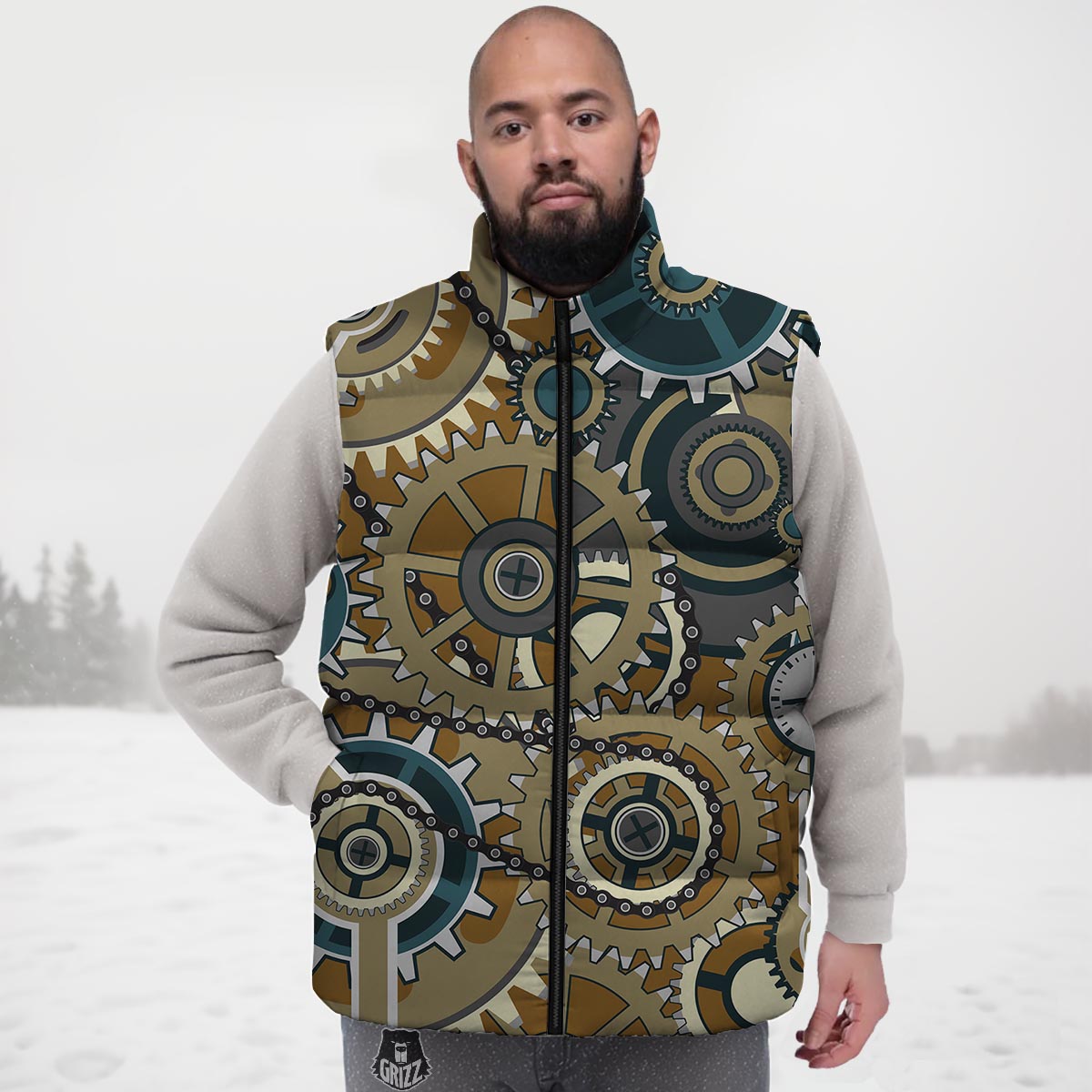 Cogwheels Steampunk Print Down Vest-grizzshop